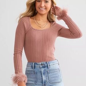 Pink Ribbed long sleeve with feather cuffs